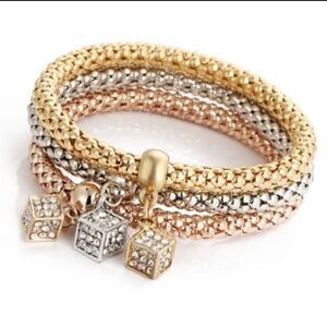 3pcs Rhinestone Square Charm Bracelet